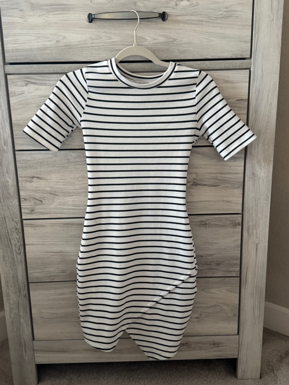 Striped Black & White Asymmetric Hem Dress